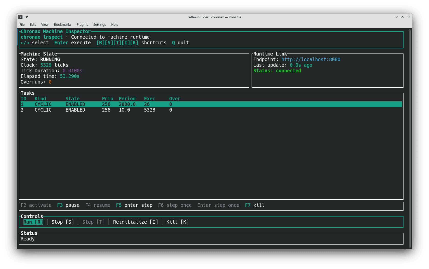Chronax CLI showing the machine inspector with running tasks and clock state